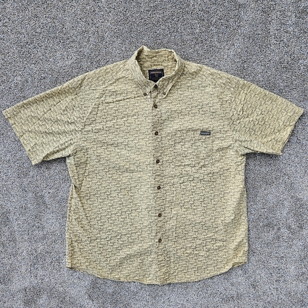 Woolrich Truck Car Print Button Up Short Sleeve Hawaiian Shirt Yellow Men's XL